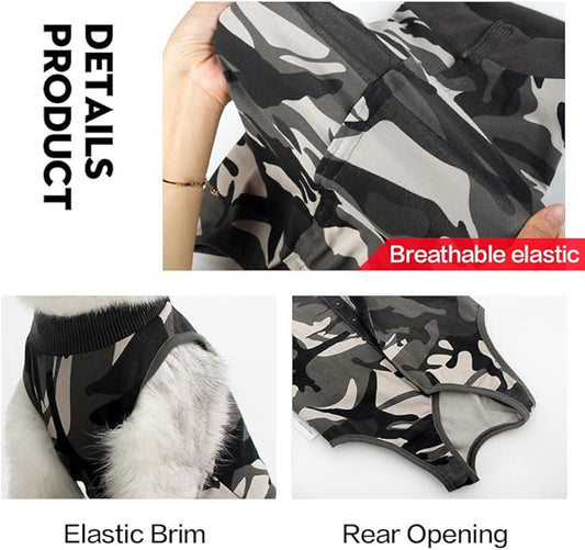 DOTON Cat Recovery Suit for Male and Female Surgical Post Surgery Soft Cone Onesie Shirt Clothes Neuter Licking Protective Diapers Outfit Cover Kitten Spay Collar(M, Camouflage)