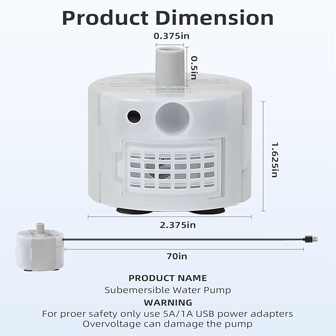 Ultra-Quiet Replacement Pump for Stainless Steel Cat Water Fountains - SMA-800 Motor - Safe and Easy to Clean with Low Voltage DC 5V and USB Cable (Pump+Brush)