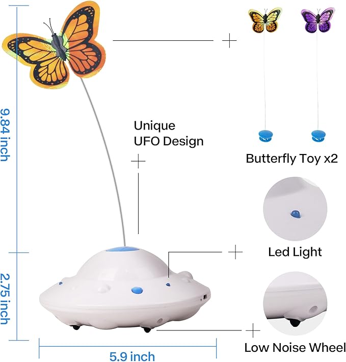 Pet Prime Self Moving Cat Toy for Indoor Cats, Electronic Cat Butterfly Interactive Automatic Rechargeable Toy for Kitten Chasing with LED Light