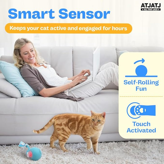 Interactive Cat Balls Toys for Indoor Cats, Automated Smart Ball Cat Toy with Elastic Mesh Tail, 3-Speed Rechargeable Rolling Kitten Toy, Electronic Mental Stimulating Self Play Pet Ball for Fun