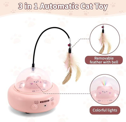 Automatic Cat Toys with Feathers, Interactive Cat Toy for Indoor Exercise, Rechargeable Teasing Toys for Indoor Cats, USB Powered, Smart Standby&Obstacle Avoidance(Pink)