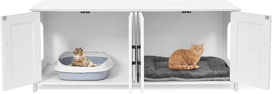 Homhedy Cat Litter Box Enclosure For 2 cats, Litter Box Furniture Hidden with Double Room,Wooden Cat Washroom Furniture,Cat House,47.2”L x 19.7”W x 19.7”H,White