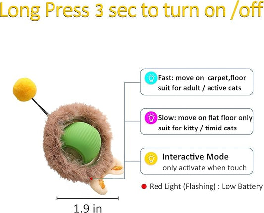 Interactive Cat Toy Ball for Indoor Cats, 2025 New Fast Self Rolling Ball Cat Toy on Carpet, Smart Interactive Automatic Cat Toy Ball for Gifts for Indoor Cats, Moving Cat Toy Ball-Plush Style(Green)