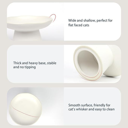 Extra Wide 6.1" Raised Cat Food Bowl, Shallow Ceramic Elevated Cat Feeder, Anti Vomiting, Stress Free, Whisker Fatigue, Pet Food or Water Bowl, White