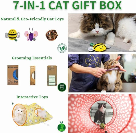 Eco-Friendly Cat Gift Box – 7-Piece Set with Organic Catnip Toys, Feather Wand, Blanket & Pop-Up Cat Cave for Indoor Cats and Kittens