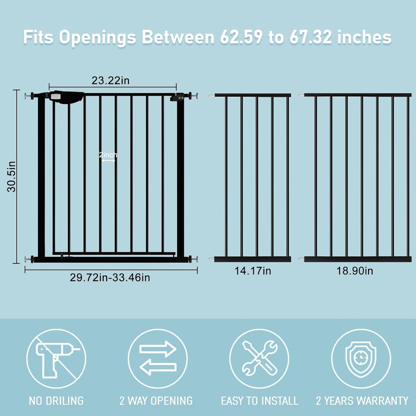 WAOWAO Triple Lock Baby Gate Extra Wide 62.59-67.32" Pressure Mounted Walk Through Swing Auto Close Safety Black Metal Dog Pet Puppy Cat for Stairs,Doorways,Kitchen