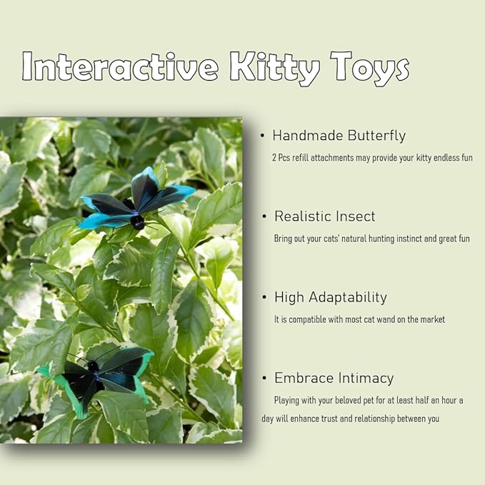 Cat Insect Feather Toys Replacement - 2 Pcs Handmade Natural Butterfly - Cat Toy Wand Refills - Interactive Kitten Teaser Wand Attachments - Cat Toys for Indoor Cats Play