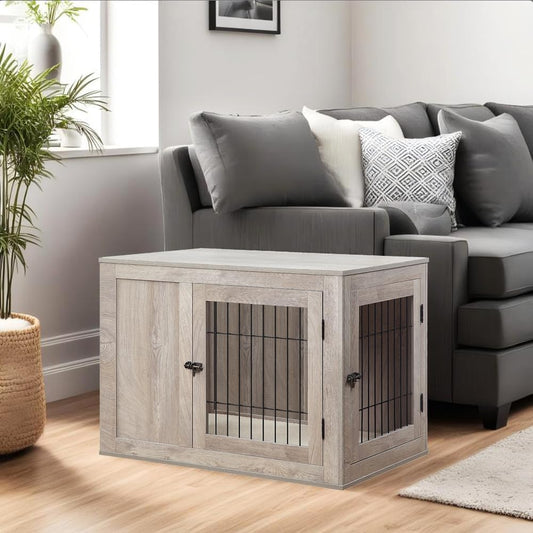 unipaws 30 Inch Furniture Style Dog Crate for Small Dogs, Indoor Puppy Kennel with Door, Decorative Wood Wire Pet House Dog Cage, Pretty Cute End Side Table Nightstand, Weathered Grey