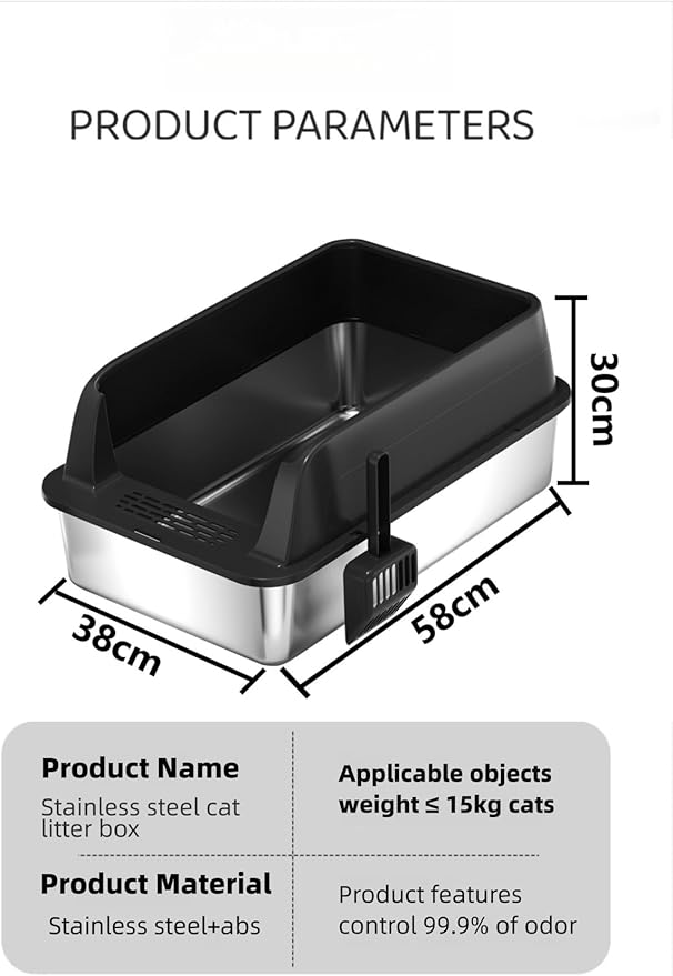 Stainless Steel Cat Litter Box,Metal Kitty Litter Box with High Wall Sides Enclosure for Big and Small Cats, Odor Control, Easy Clean,Non-Sticky, Anti-Leakage