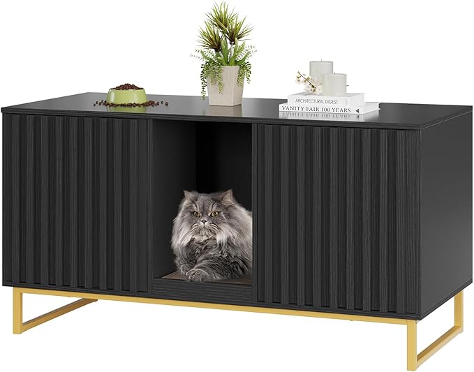 Cat Litter Box Enclosure for 2 Cats, 47.6’’ Litter Box Furniture Hidden with Scratch Pad, Double Room Large Cat Cabinet, Indoor Pet House TV Stand Side Table,Cats Washroom, Black
