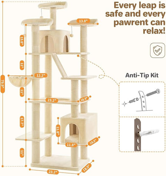 Made4Pets Tall Cat Tree, 80" Cat Tree Tower for Indoor Cats Large Adult, Modern Cat Tower with Scratching Post, Cozy Hammock, 3 Perches and 2 Condos, Sturdy and Fluffy, Beige