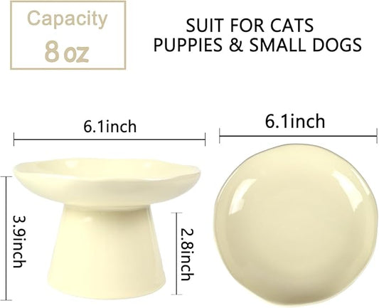 Wide Shallow 6.1" Raised Cat Bowls, Ceramic Elevated Food Plate for Flat Faced Cats and Small Dogs, Porcelain Feeder Bowl, Stress Free, Protect Cat’s Spine, Cream