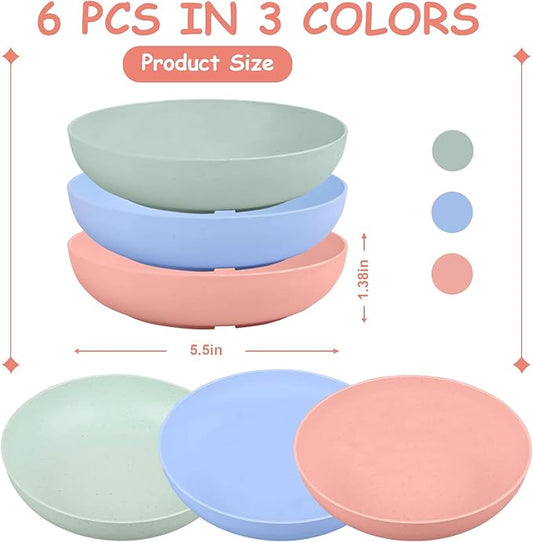 6-Pieces Whisker Fatigue Cat Bowl - 5.5 Inch Shallow Cat Food Dish Wide Cats Wet Feeding Bowls, PET Plate for Kittens and Short Legged Cats, Wheat Straw