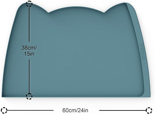 OHMO Dog Food Mat(Light Blue, 24 * 15'') w/Residue Collection Pocket Silicone Pet Feeding Mat for Floor High Edges Anti Spills Waterproof Cat Water Bowl Tray, Easy Clean Placemat