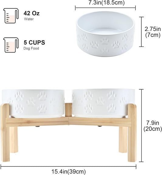 SPUNKYJUNKY Elevated Dog Bowls Ceramic, 7.3'' Dogs Food Water Bowls Raised with Non-Slip Bamboo Stand for Medium to Large Sized Breed Microwave Dishwasher Safe - 42 OZ,Paw White