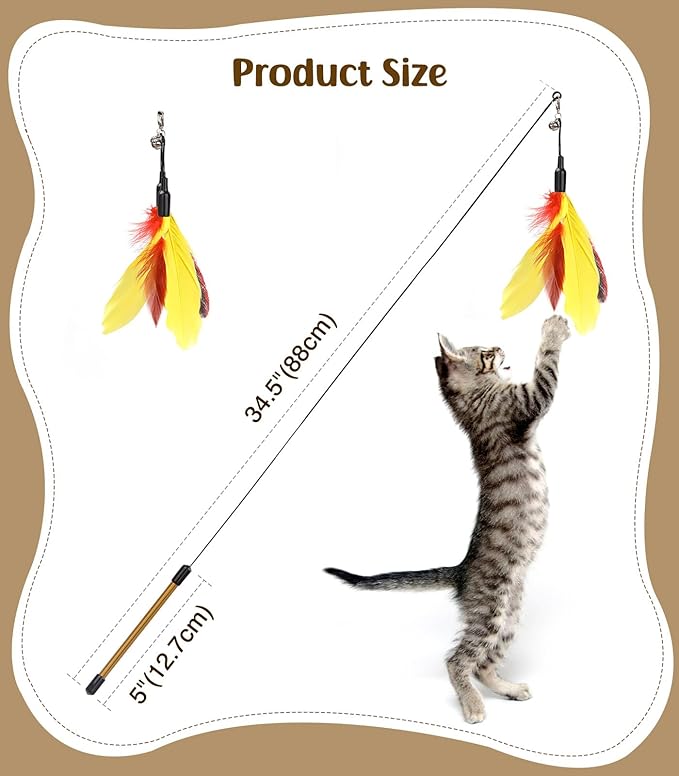 Pawaboo Feather Teaser Cat Toy, Interactive Feather Wand Cats Toy Flying Feathers Cat Catcher with Extra Long 34.5" Wand and Small Bell, Exerciser Playing Toys for Kitten or Cats, Yellow + Red Brown