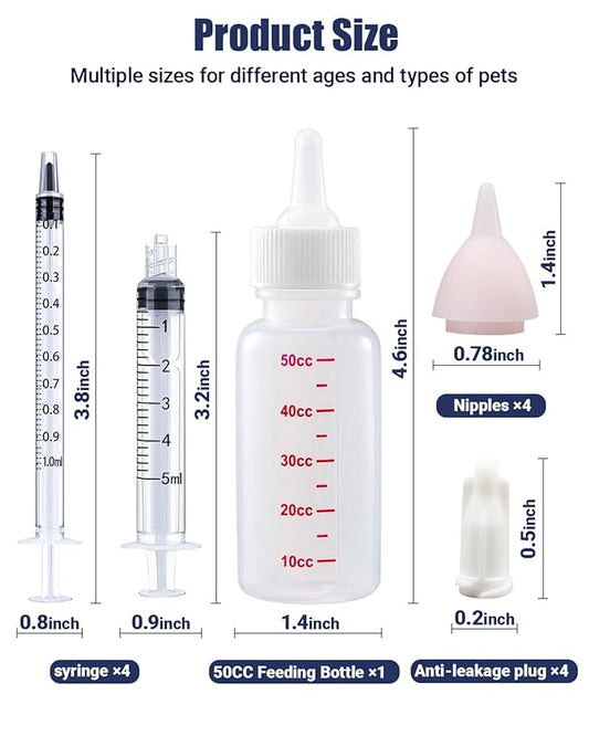 Pet Nursing Bottle, Nursing Bottle Kits, Kitten Bottle Feeding Kit, Fit for Feeding Newborn Puppies, Kitten, Squirrel, with 1 Puppy Bottles for Nursing Puppy Milk, 4 Replacement Nipple
