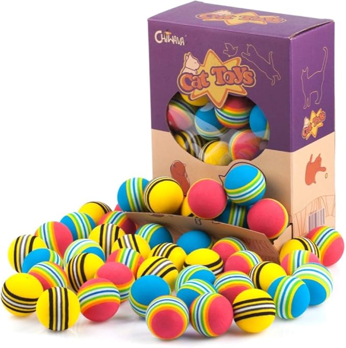 CHIWAVA 45 Pack 1.7'' Foam Cat Toys Ball Rainbow Color Balls Kitten Activity Chases Quiet Play Mix Color