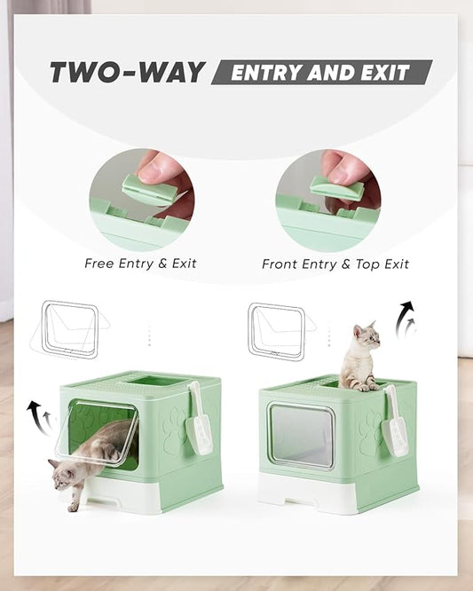 Enclosed Cat Litter Box, Large Litter Box for Big Cats, Covered Kitty Litter Boxes with Lid, Top Entry Cat Box Enclosure with Scoop, Odor Control, Easy to Clean(Green)