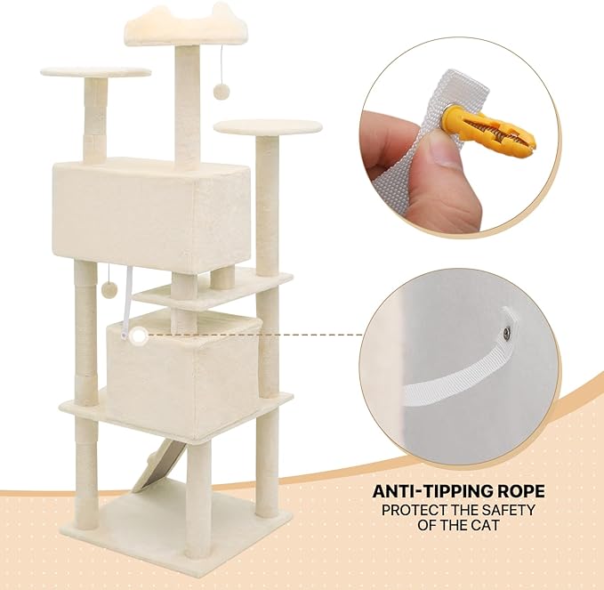 MoNiBloom Cat Tree, 70 Inch Cat Tree Tower with 2 Condo, Tall Cat Tower with Scratching Post, Cat Climbing Tower, Cat Tree for Indoor Cats, Beige