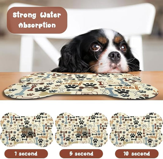 Dog Food Mats for Floors Waterproof, Pet Feeding Absorbent Water Bowl Mat Cat Placemats Beige Bone Shape 25.5 * 17 inch