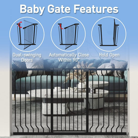 WAOWAO Extra Tall 40.55" Baby Gate 29.92-63.38" Wide Pressure Mounted Walk Through Swing Auto Close Safety Black Metal Toddler Child Dog Pet for Indoor Stairs,Doorways,Kitche