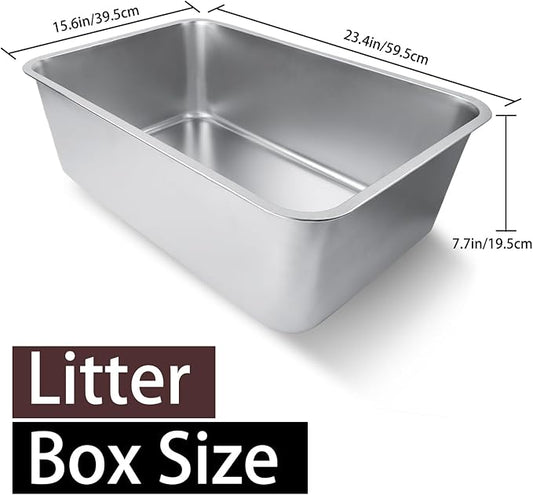 Stainless Steel Cat Litter Box for Adult Cats or Kitty/Kitten 23.6"x15.8"x8" Rust-Proof, High Side, Non Stick, No Smell, Easy to Clean Metal Cat Litter Box