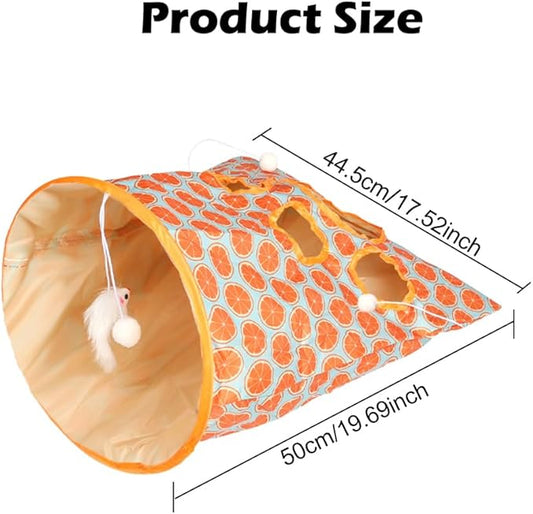 SYCOOVEN Cat Tunnel Bag for Indoor Cats, Pet Collapsible Tunnel Crinkle Sack Bag with 1 Little Mouse & Toy Ball, Crinkle Paper Interactive Cat Toys Hide and Seek(Orange Pattern)