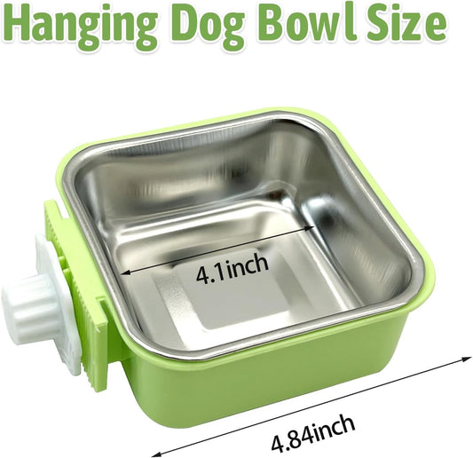 kathson Crate Dog Bowl, Removable Stainless Steel Hanging Pet Kennel Cage Bowl Food & Water Feeder Coop Cup for Puppy, Cat, Rabbit,Guinea Pigs 3pcs Square(Blue,Green,Pink)