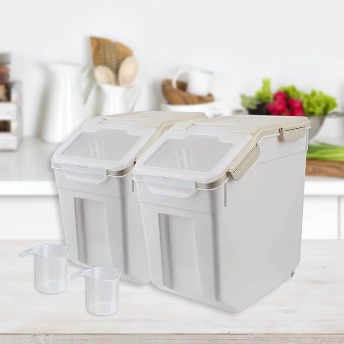 AnRui Rice Storage Container 50LB, Airtight Flour Storage Containers, Plastic Cereal Grain Dispenser Organizer Pet Food Storage Bin with Lid, Measuring Cup, Scoop, Gray, 2Pcs(Total Capacity:100LBS)