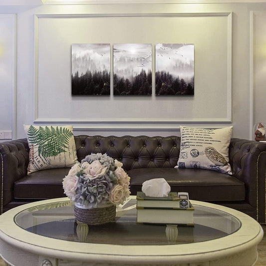 Large Size Canvas Wall Art For Living Room Boho Wall Decor For Bedroom Wall Decorations For Office Foggy Forest Trees Wall Paintings Scenery Wall Pictures Artwork Home Decoration 20" X 28" 3 Piece