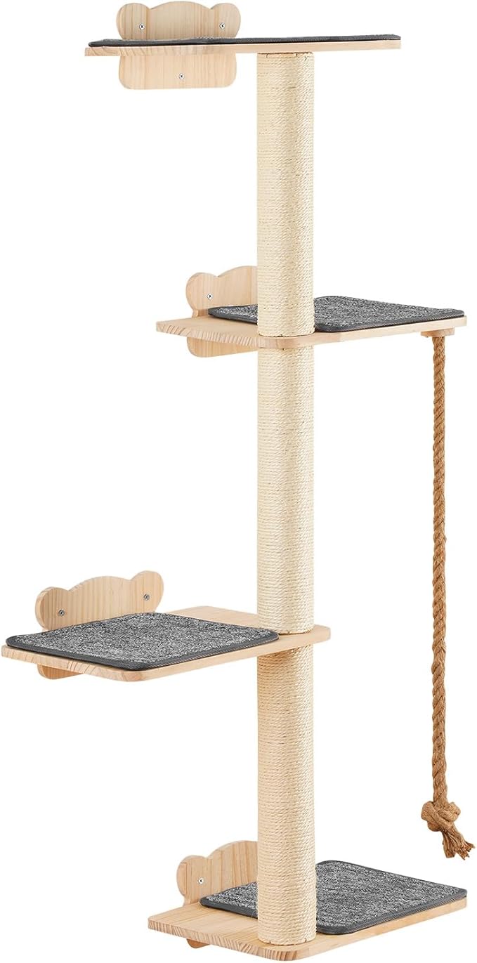 VEVOR 4 Tiers Tall Cat Wall Furniture Set with 4 Jumping Boards, Wall-Mounted Cat Floating Shelf up to 40 lbs, 12 mm Pine Wood Perch for Sleeping, Playing, and Climbing