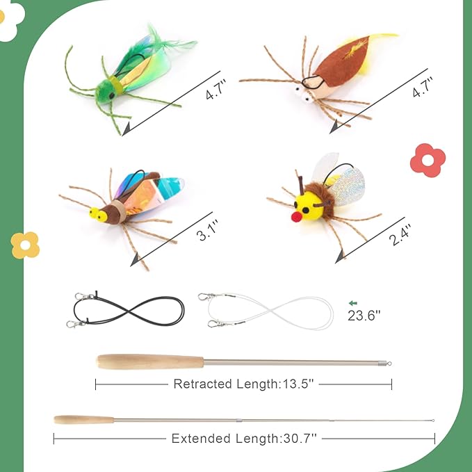 SONGWAY Cat Bug Toy Wand - Insect Interactive Cat Toys with Retractable Teaser Wand and 4 Pcs Bug Toy Feather Replacements for Cats Kittens