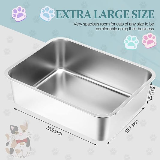Gerrii 3 Packs Extra Large Stainless Steel Litter Box for Cat with High Sides, Non Stick Smooth Surface, Easy to Clean for Cat Bunny(23.6 x 15.7 x 5.9'')