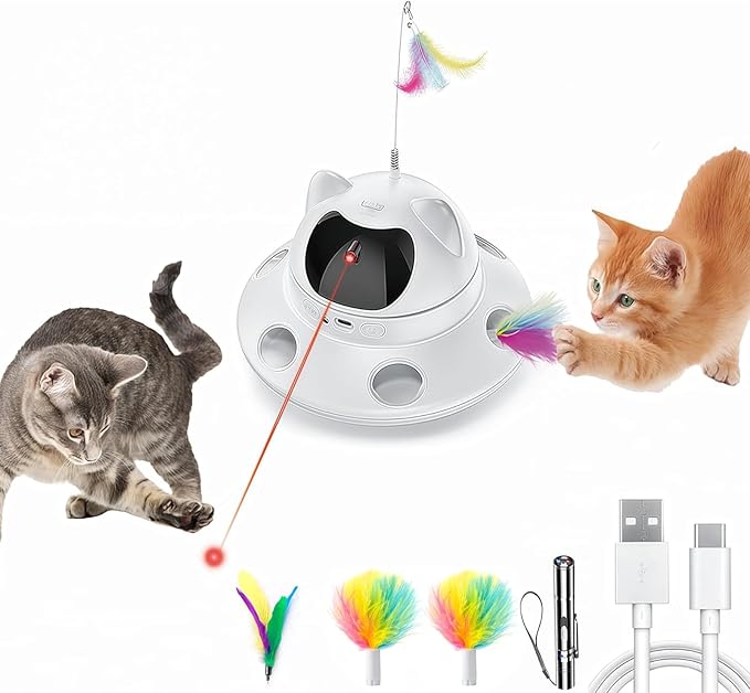 3-in-1 Cat Laser Toy & Interactive Automatic Motion-Activated Kitten Toy β 6 Holes Whack-A-Mole Feather & Moving Ambush Fun β USB Rechargeable, Apply to β Indoor Exercise for Cats of All Breeds