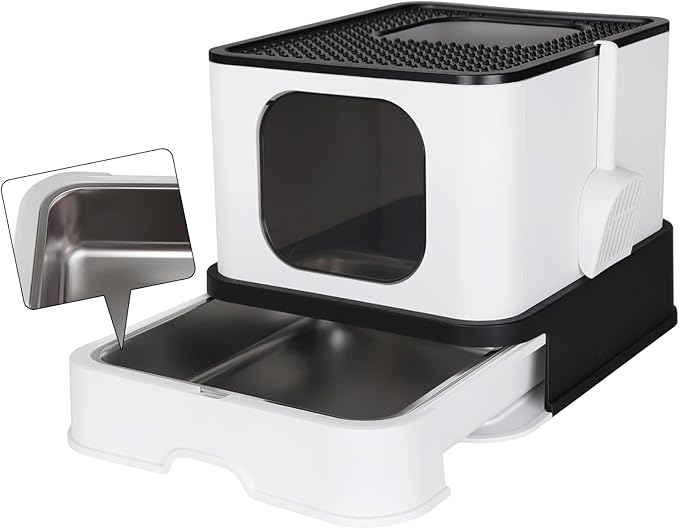 RIZZARI Stainless Steel Cat Box: Enclosed Design with High Walls - Black - Large Litter Pan for Odor Control Indoors