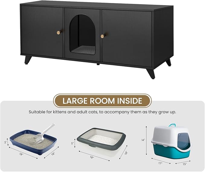 Cat Litter Box Enclosure for 2 Cats, Modern Hidden Litter Box Furniture with Double Room, Large Cat House Washroom Cabinet with Scratche Pad, 46.5" x 19.7" x 19.7" (Black)