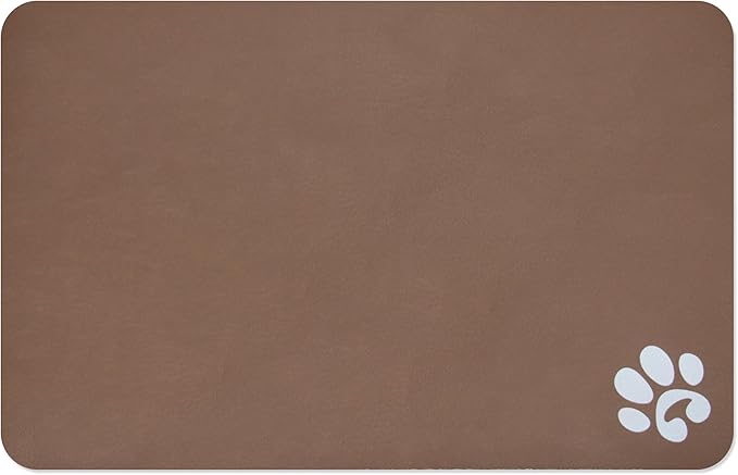 YCT Pet Food Mat for Dogs and Cats - Non-Slip Super Absorbent Feeding Bowl Mat With Footprints Logo - 24 x 16.9 Inches, Brown
