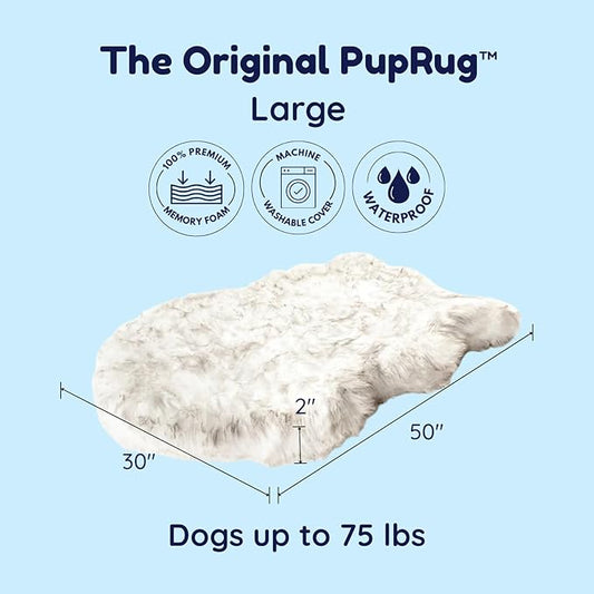 PupRug Orthopedic Dog Bed for Large Dogs with Fluffy Soft Faux Fur and Memory Foam for Joint Pain Relief, Machine Washable and Waterproof Couch Bed, Polar White, Large/Extra Large