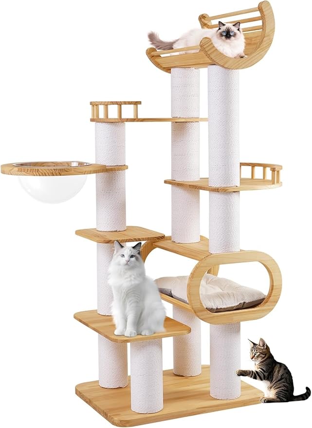 74.8'' Tall Modern Cat Tree for Indoor Large Cats,Luxury Pine Wood Cat Tower for Home Decoration,Multi-Level Huge Cat Furniture with Condo,Clear Bowl,Scratching Posts for Multi-Cat Household