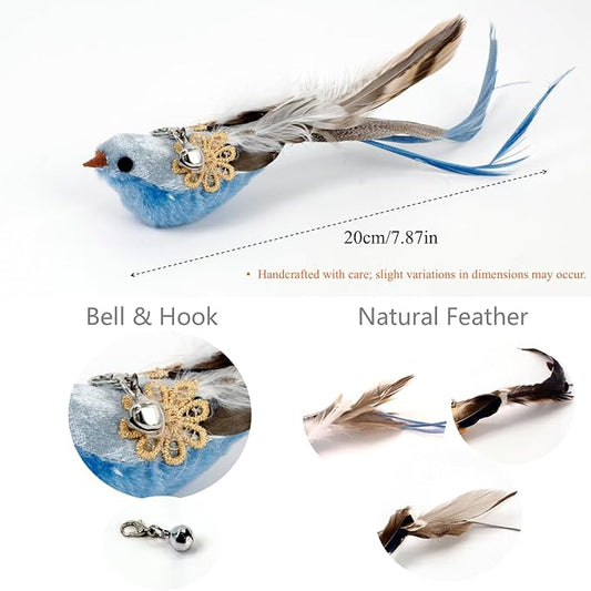 12PCS Interactive Cat Feather Wand Toy Set – 11 Bird & Feather Teaser Refills with Bells + Flexible Suction Cup Wand – Realistic Bird Design, Natural Materials, Indoor Cat Toys for Exercise & Play