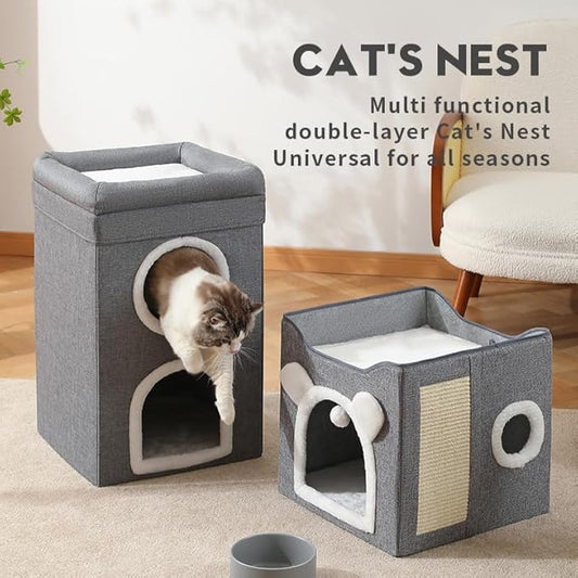 Cat Beds for Indoor Cats, Large Cat House Foldable Cat Cave with Scratch Pad and Hanging Fluffy Ball, Reversible Cushion Hideaway for Pet Cats, 16.5x16.5x13.2 inches, Multi Small Pet (Dark Grey, L)