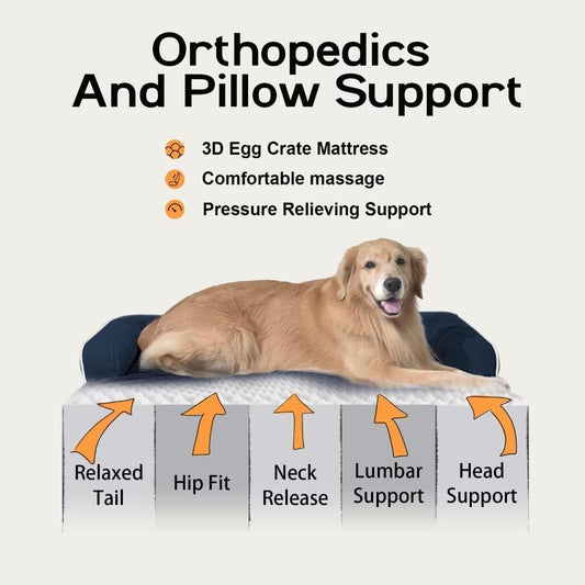 Large Dog Bed Orthopedic Washable | Beds Bolster Pet | XL Large Big Dogs | Memory Foam Couch Sofa | Waterproof with Removable Cover | Navy Blue Dog Bed