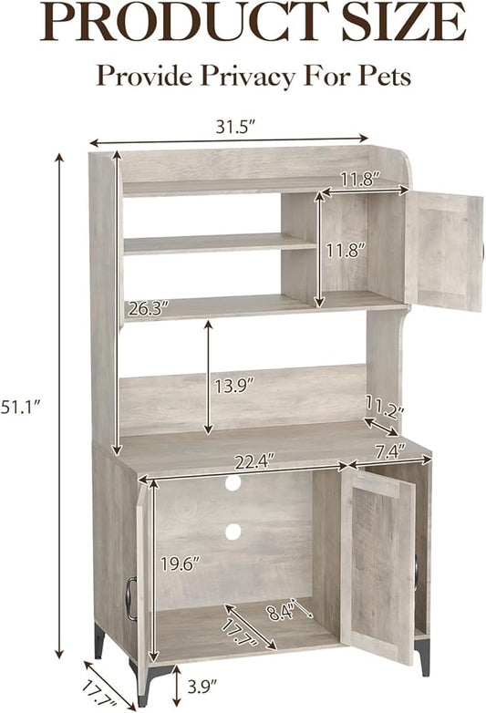 Large Cat Litter Box Enclosure Furniture with 3 Open Shelves and Storage Cabinet, Farmhouse Cat House Washroom with Scratch Pad, Modern Wood Pet House Side End Table for Livingroom Bedroom