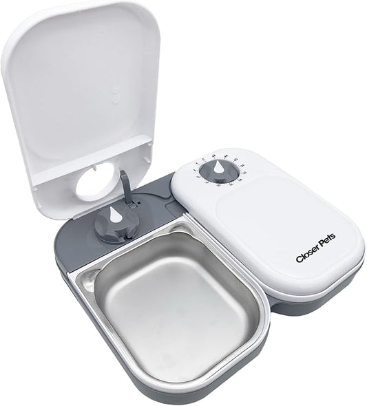 Closer Pets C200 2 Meal Timer-Controlled Automatic Pet Feeder - for Cats and Small Dogs, Wet or Dry Food, Stainless Steel Bowl Inserts and Ice Pack, up to 0.88 lb Each, White