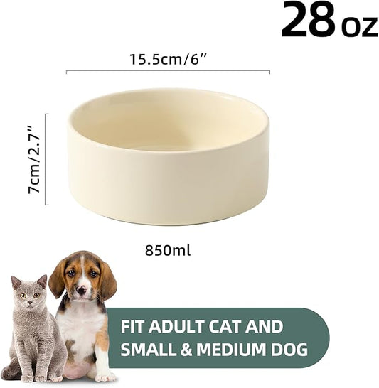 Ceramic Set of 2 Dog Bowls, Food and Water Bowls for Dogs, Puppy, 2pcs Pet Dishes(6inch, 2 x Beige Bowls)