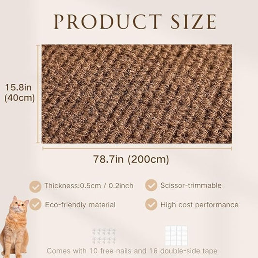 78.7"x15.8" Cat Scratching Carpet Mat Furniture Protector, Covering DIY Cat Tower,and Replacement Pads, Self-Adhesive Trimmable Mat Brown