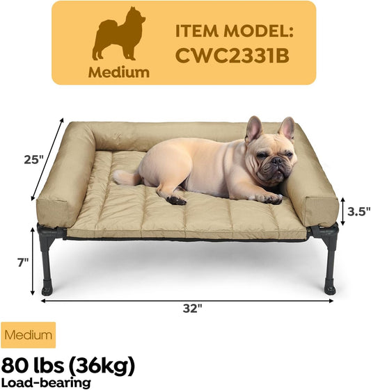 Veehoo Cooling Elevated Dog Bed Add Removable Waterproof Bolster Cushion Mat, Raised Pet Cot with Breathable Teslin Mesh, No-Slip Feet, Dog Couch Bed for Indoor Outdoor, 32x25inches, Beige, CWC2331B