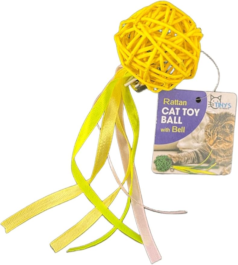 10 Pack Rattan Ball Cat Toy, Pet Friendly, Safe and Fun for Your Cat, Encouraging Pouncing, Batting and Chasing with Unique Texture for Mental Stimulation and Physical Exercise, Bulk, Yellow
