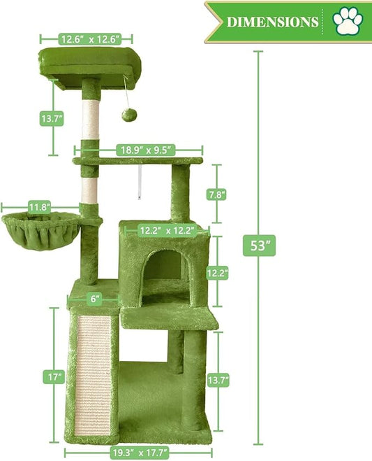 53" Cat Tree Tower for Indoor Cats, Multi-Level Cat Tower Condo with Sisal Scratching Post (Green)